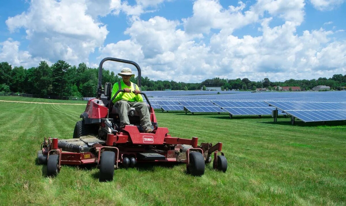 Commercial mower maintaining grounds beside a solar facility
